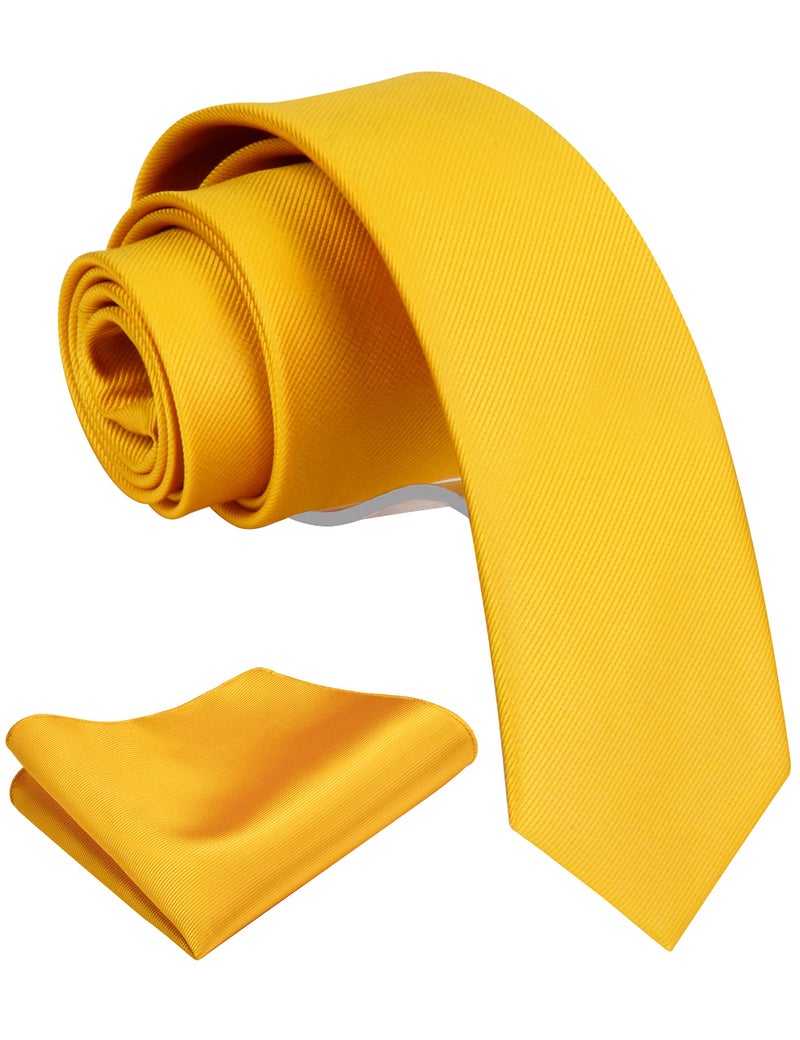 GUSLESON 2.4" Skinny Tie For Men Solid Gold Yellow Slim Necktie and Pocket Square Set (0754-19) - Image 1